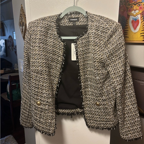 Express Women's Black and White Textured Blazer - Picture 1 of 3